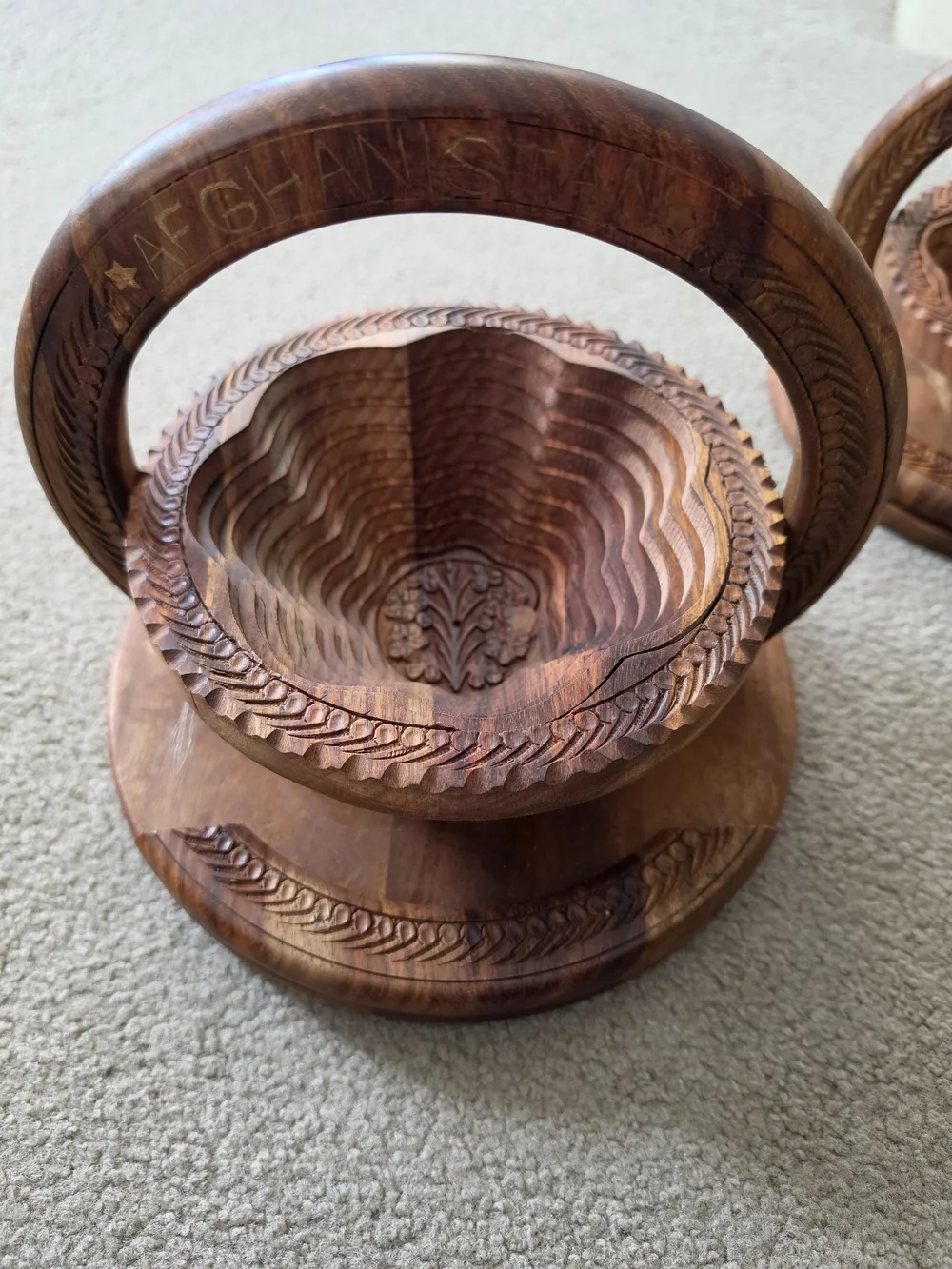 Set Of 2 Vtg Hand-Carved Wooden Collapsible Baskets/ Trivets